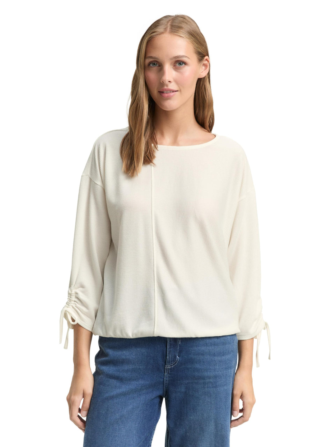 TOM TAILOR Denim Damen Loose Fit Longsleeve mit Streifen & Raffarm XS 10332 - Off White, XS 10332 -