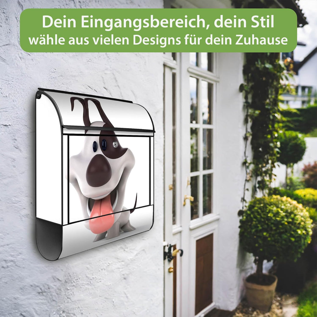 banjado® Design Briefkasten mit Motiv Comic-Hund 39x47x14cm &amp; 2 Schlüssel - Briefkasten Stahl schwar