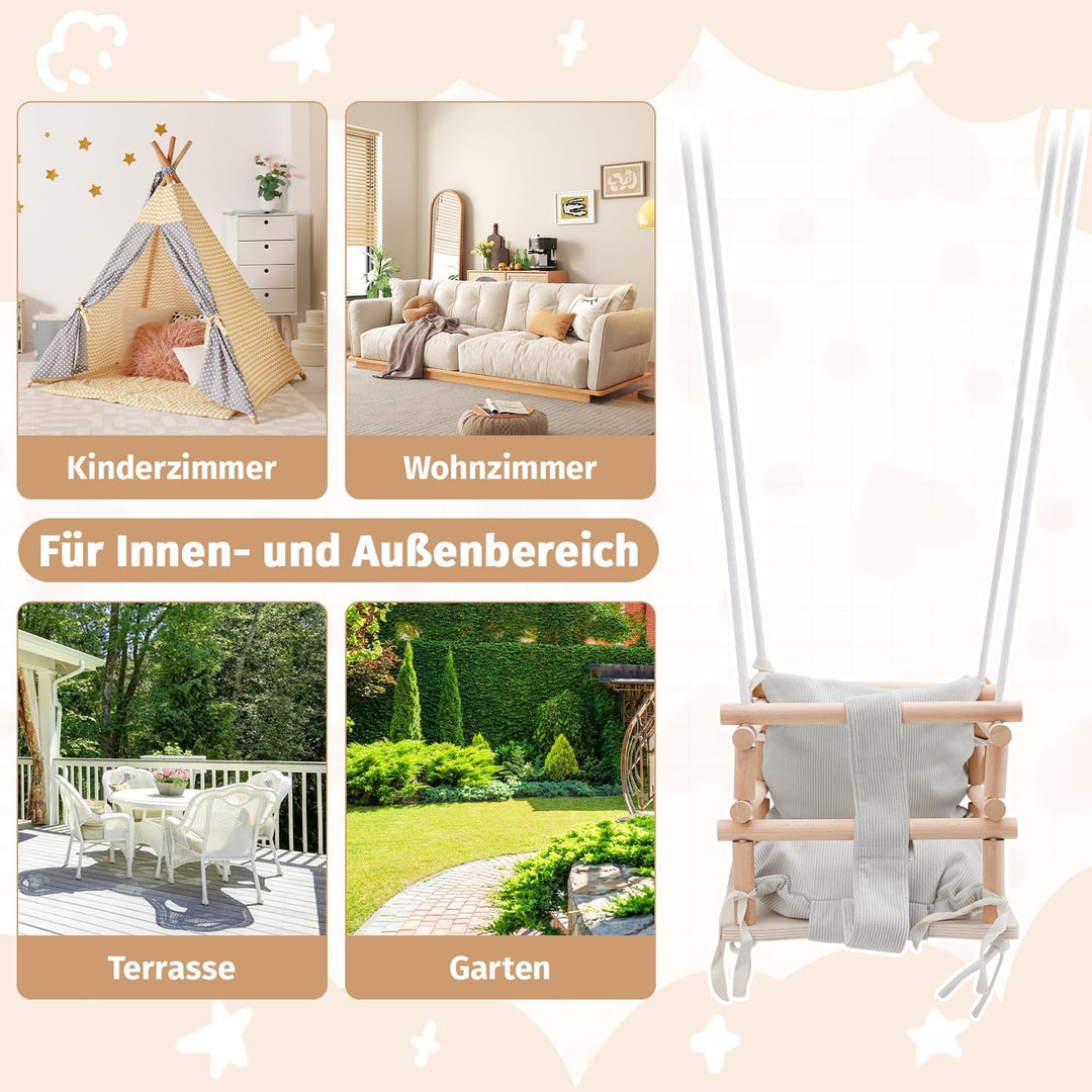 Babyschaukel Indoor &amp; Kinderschaukel Outdoor 3-in-1 aus Holz, Höhenverstellbar (160-260cm) mit Abneh