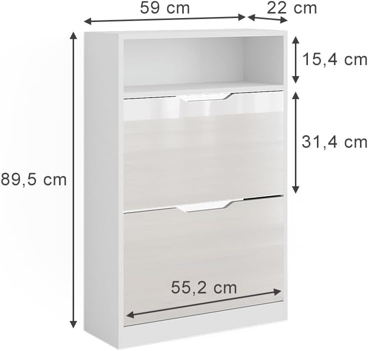 Vicco Schuhkipper Luca, Weiss/Weiss Hochglanz, 59 x 89.5 cm mit 2 Fächern, zur Aufbewahrung von Schu
