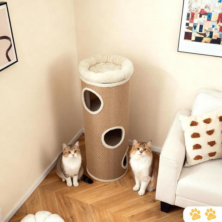 SOARS Kratztonne für Katzen XXL, 113 cm Katzentonne mit 3 Höhlen und abnehmbarem Plüschbett, Kratzba