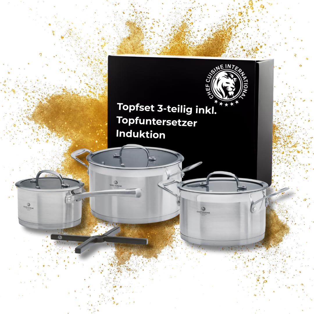 CHEF CUISINE Topfset, 3-tlg., Ø 16/20/24 cm, Glasdeckel, Gratis Topf-Untersetzer, Edelstahl, Alumini