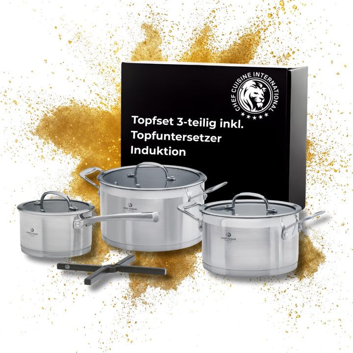 CHEF CUISINE Topfset, 3-tlg., Ø 16/20/24 cm, Glasdeckel, Gratis Topf-Untersetzer, Edelstahl, Alumini