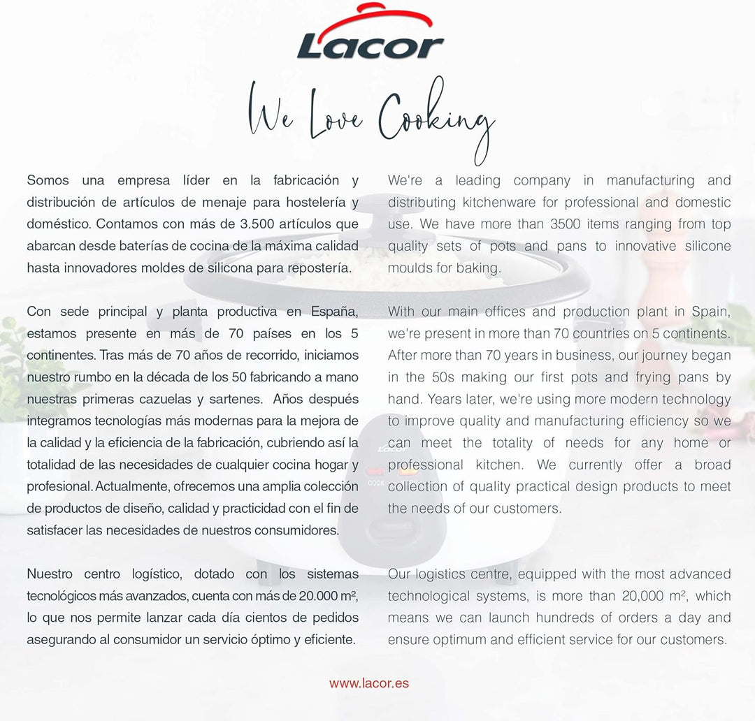 Lacor - 69233 - Elektrischer Reiskocher mit abnehmbarem Inneneimer von 1,8 L, Antihaft 100% ECO und