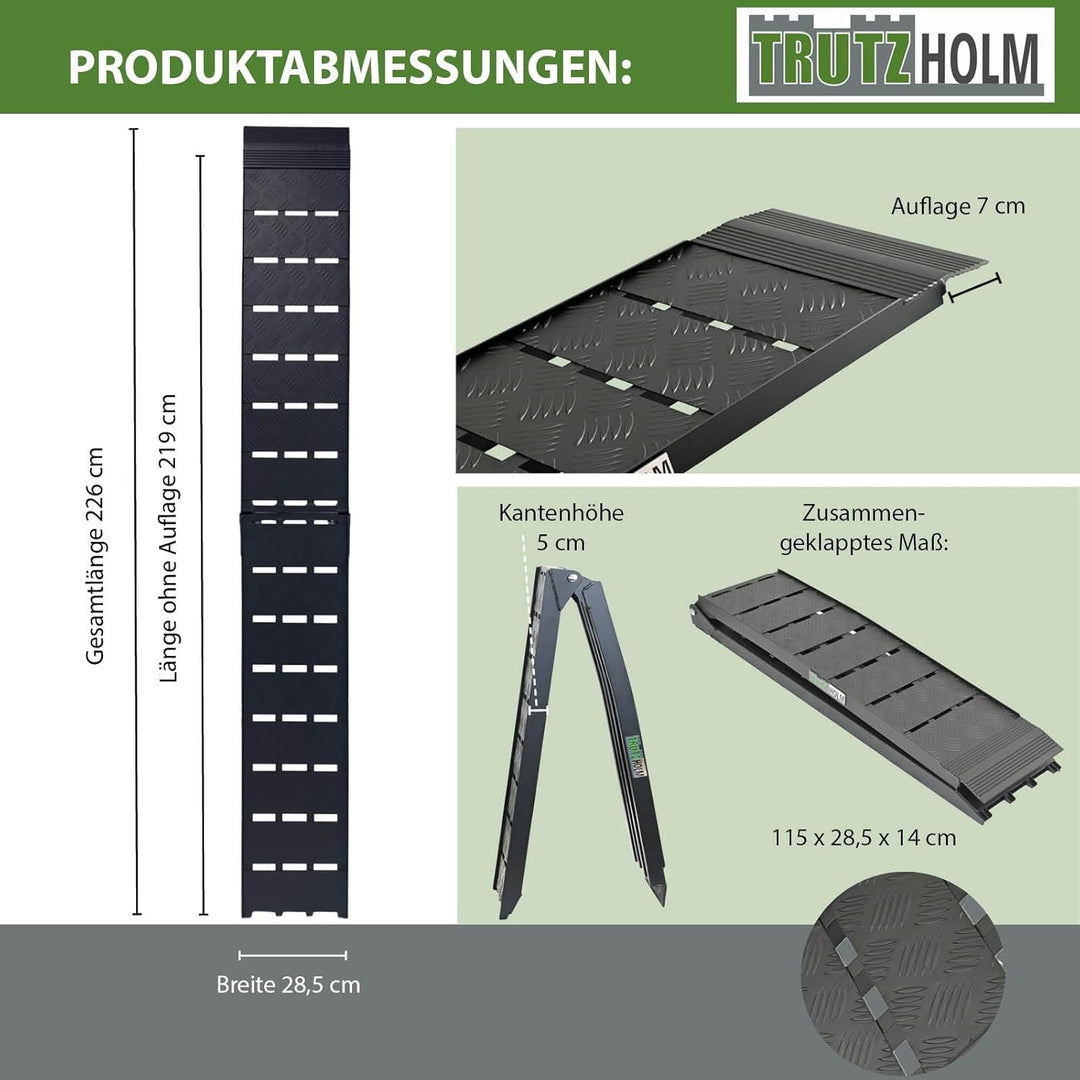 TRUTZHOLM 2 x Auffahrrampe 226 x 28,5 cm Traglast 1360 kg Alu klappbar geriffelt schwarz Motorradram
