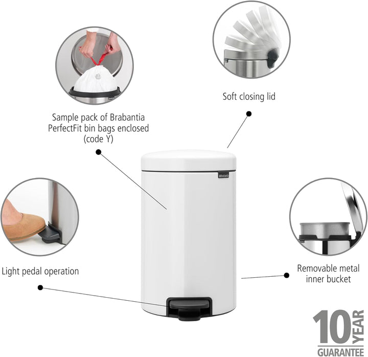 Brabantia Treteimer mit Inneneimer aus Metall, plastik metall, weiss, 20 Liter 20 Liter White, 20 Li