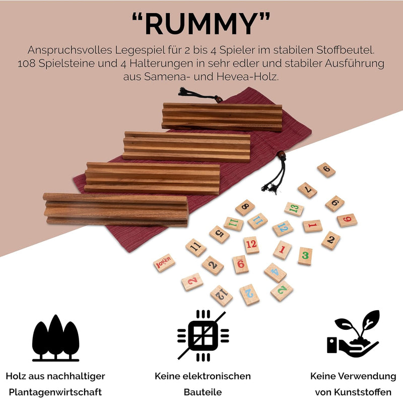 LOGOPLAY Rummy - Gesellschaftsspiel - Legespiel mit 108 Spielsteinen im Stoffbeutel - Halterungen un