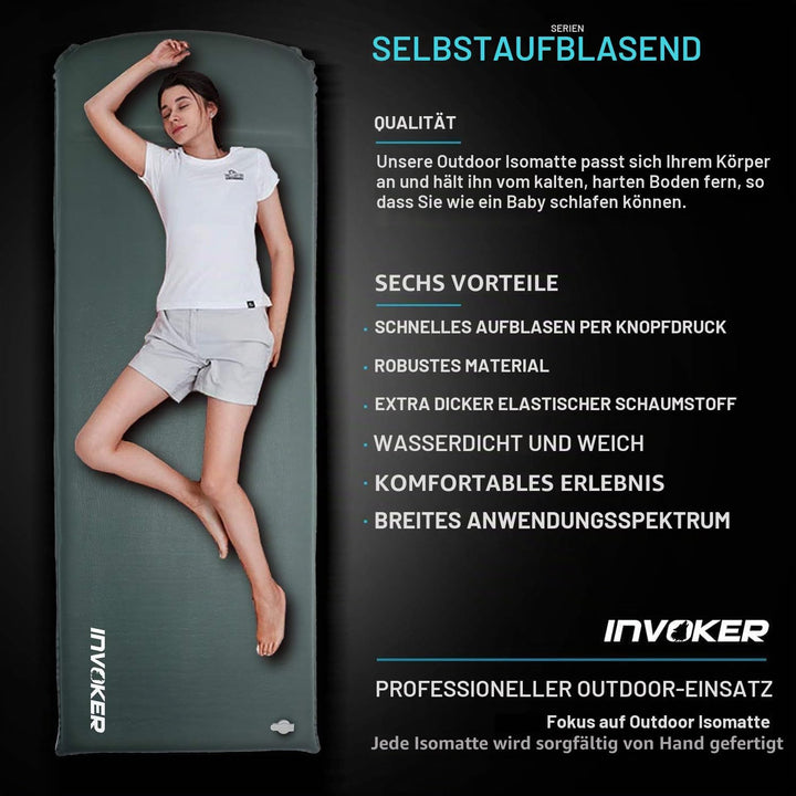 Invoker Camping Isomatte - 8 cm Ultradicker elastischer Schwamm Selbstaufblasende Campingmatte mit K