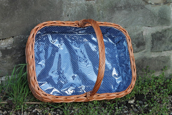 Tablett aus Weide mit Futter Blau mit weissen Punkten