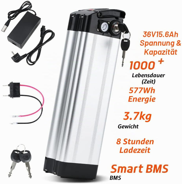 SEASON E-Bike Pedelec Akku Silverfish 36V 15.6Ah 577Wh, passend für 36V 250W/350W/500W Motoren, für