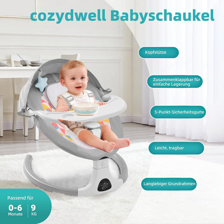 Babywippe Elektrisch,Babyschaukel Indoor Bluetooth, 5 Schwinggeschwindigkeit, 3 Winkellage, Fernsteu