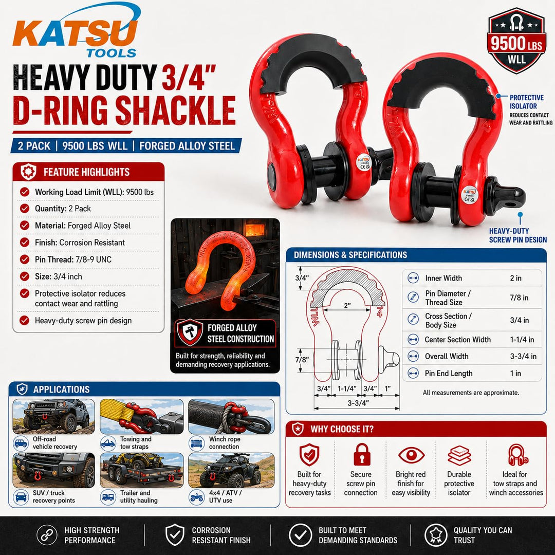 KATSU Tools 2er-Pack 3/4 Zoll D-Ring-Schäkel, 4,75 Tonnen (9500 lbs) Tragkraft, robuste verzinkte Ab
