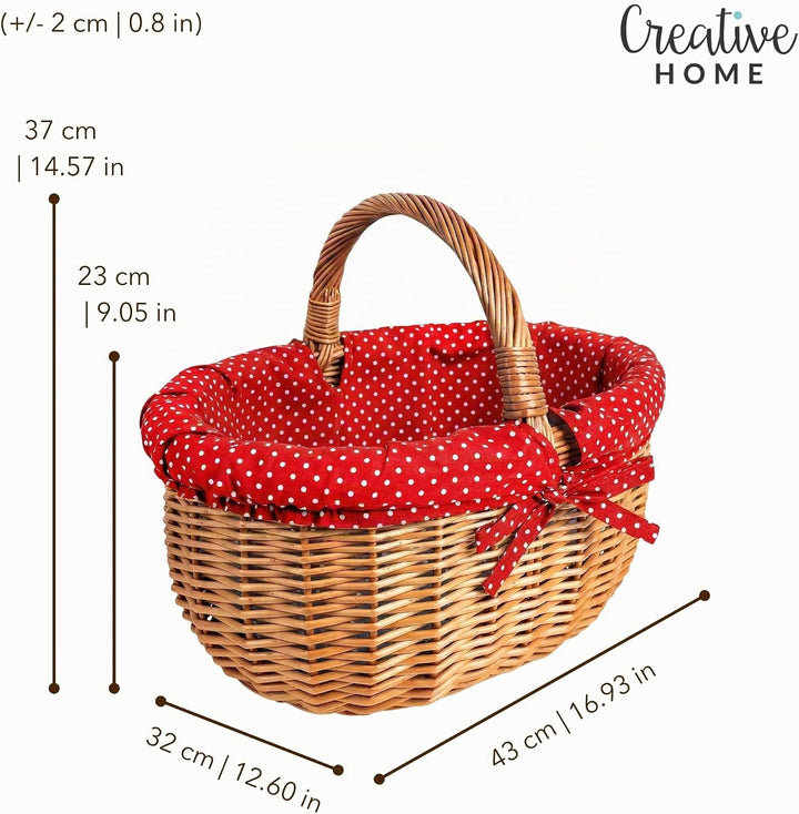 Creative Home Grosser Picknickkorb mit Stoffeinlage Rot mit Pünktchen Weidenkorb mit Henkel | Einkau