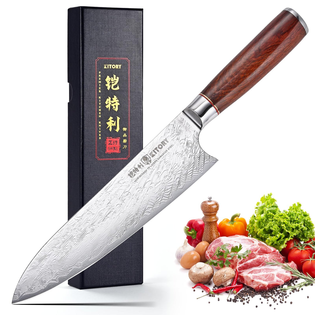 Kitory Damastmesser 20cm Pro Kochmesser 73 Lagen Damaststahl Klinge 10Cr15CoMoV Stahl Küchenmesser m