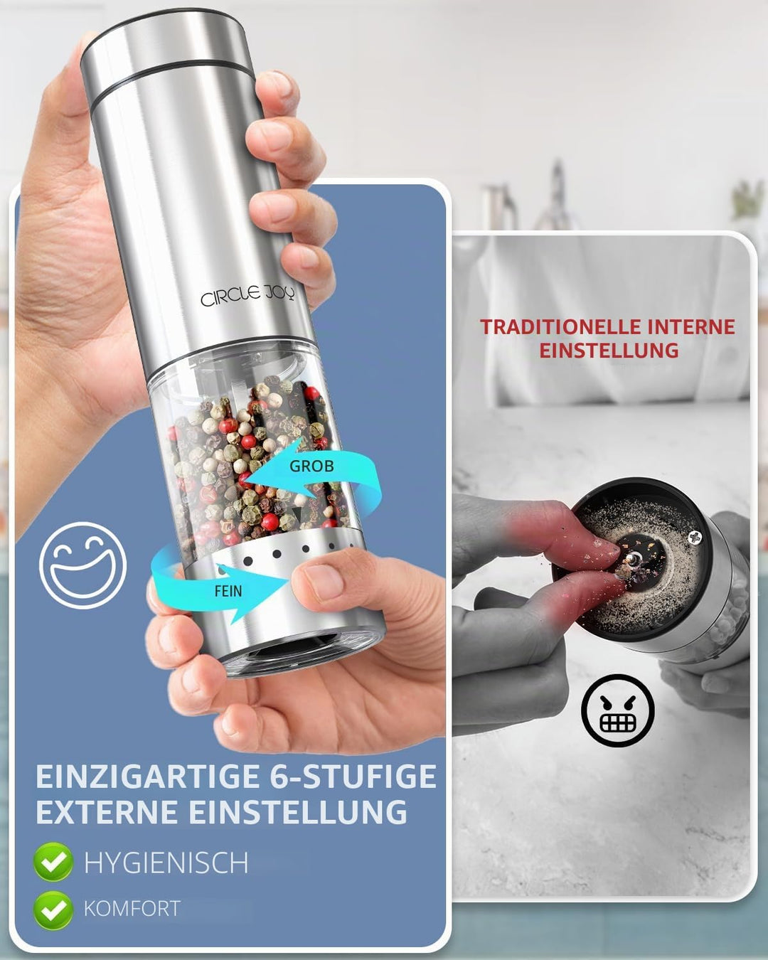 CIRCLE JOY Salz und Pfeffermühle Elektrisch Akkubetriebenes Gewürzmühlen aus Edelstahl mit Sockel, W