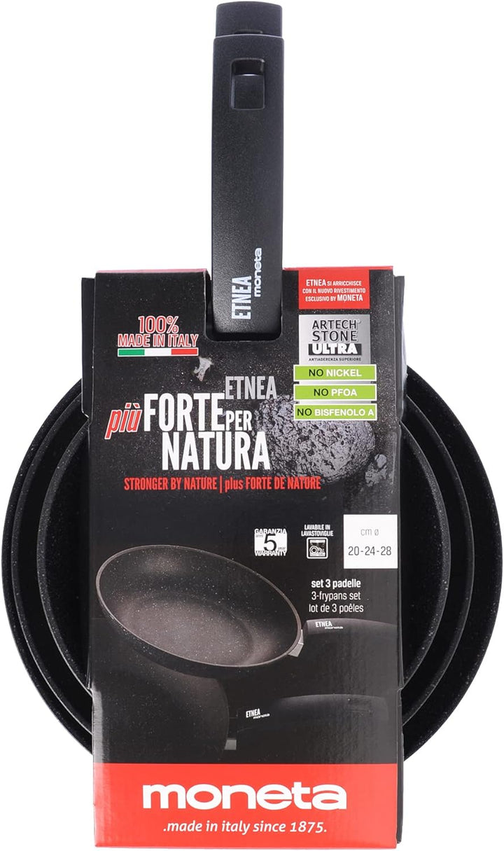 Moneta Etnea Bratpfannen Set 20-24-28, Aluminum, Schwarz - Stein Optik, 28 cm/46 x 29 x 15 cm, Bratp