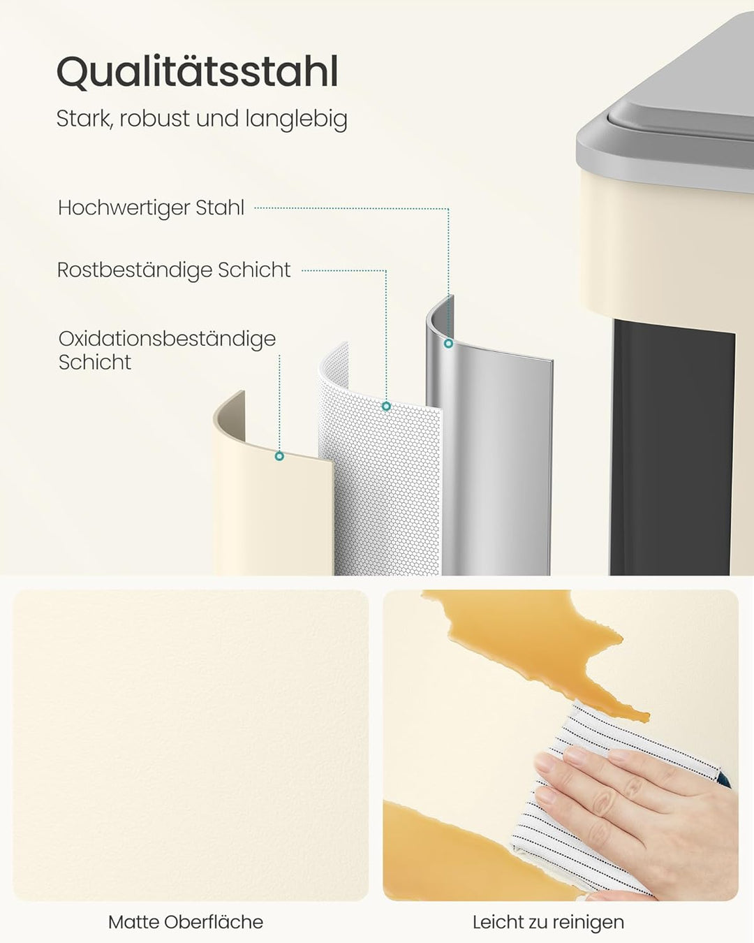 SONGMICS Mülleimer Küche, Mülltrennsystem 2 x 15 L, 2 Fächer für Recycling und Restmüll, Abfalleimer