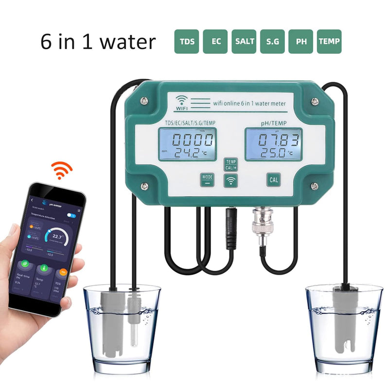 Kadimendium Wasserqualitätsmessgerät Hochpräzise 6 in 1 PH TDS EC SG Salztemperaturtester WiFi-Verbi