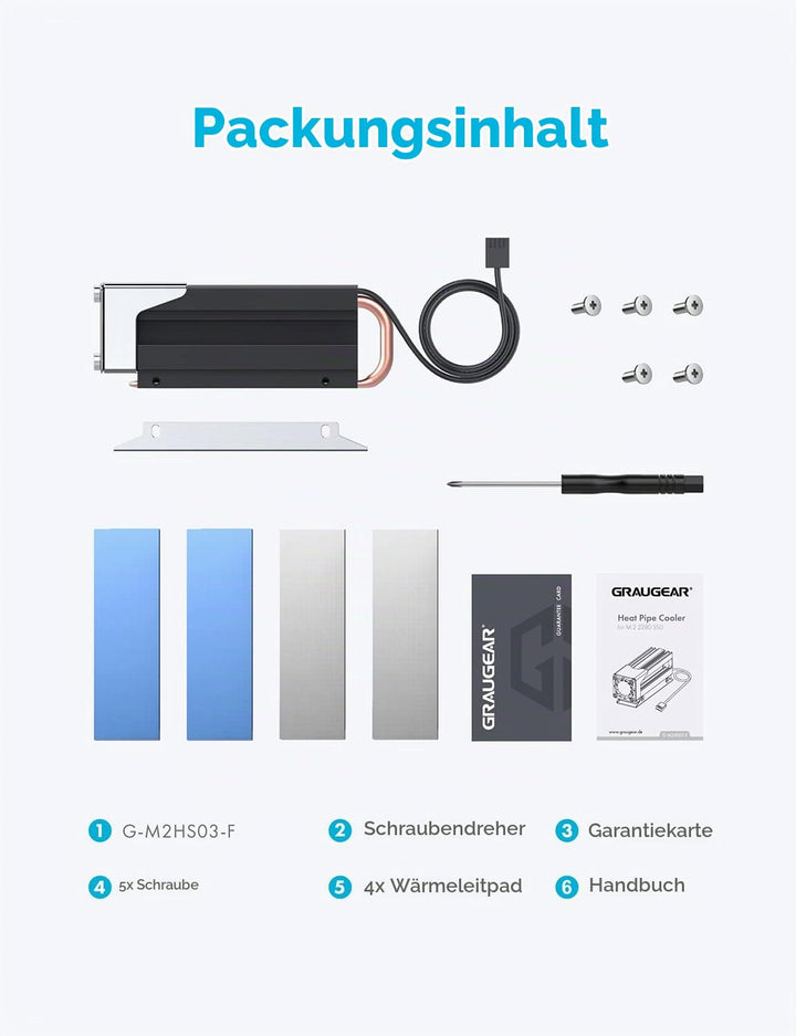 GRAUGEAR | Heatpipe Kühler mit Lüfter | Kühlköper für M.2 NVMe (2280) | aktive | 25mm PWM-Lüfter | g