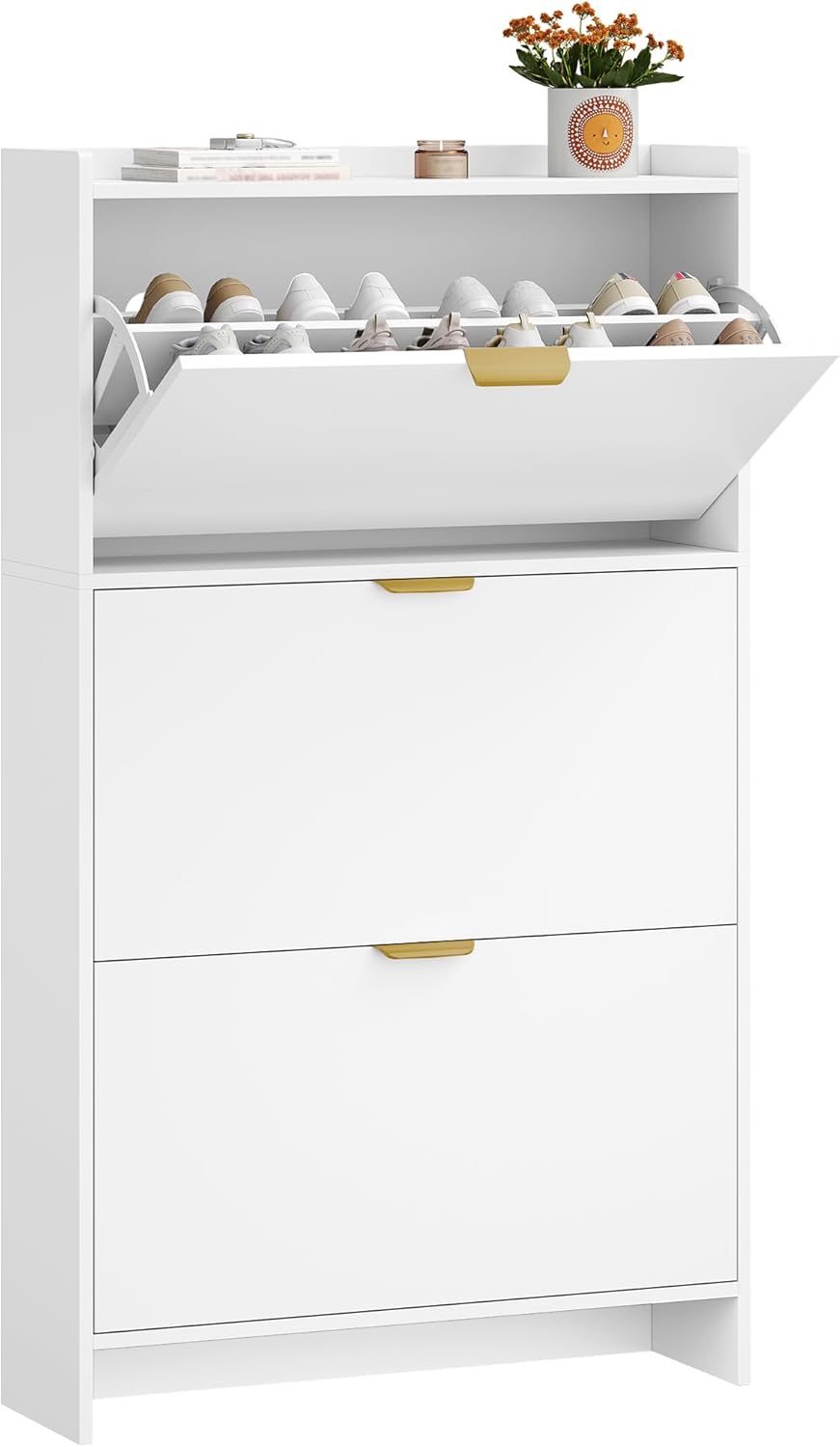 Hzuaneri Schuhschrank mit 3 Klappen, Schuhregal, Schuhkipper Schmal, Verstellbar, Schuhaufbewahrung,