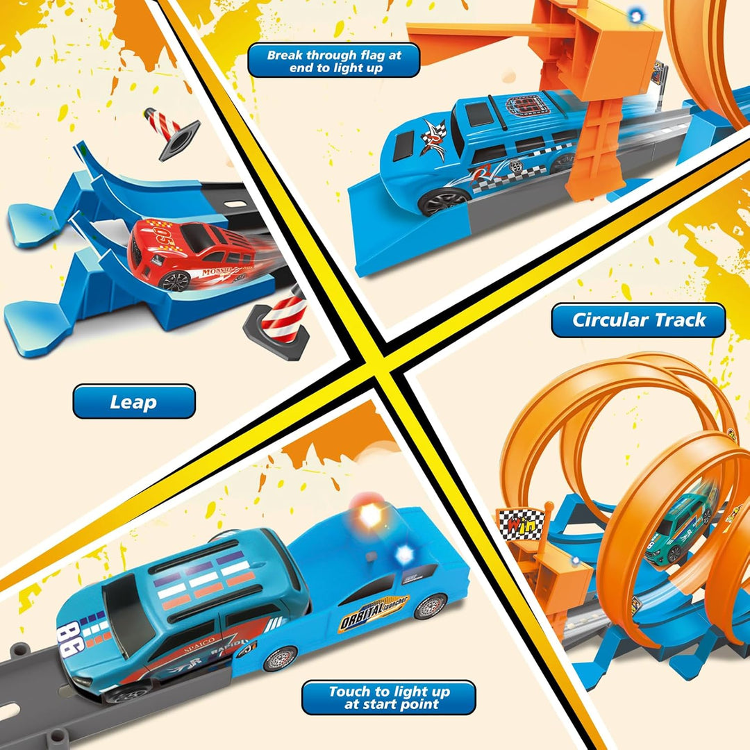 Ulikey Autorennbahn Kinder, Spielzeugauto Trackset mit Licht und Sound, Auto Rennbahn Spielzeug mit
