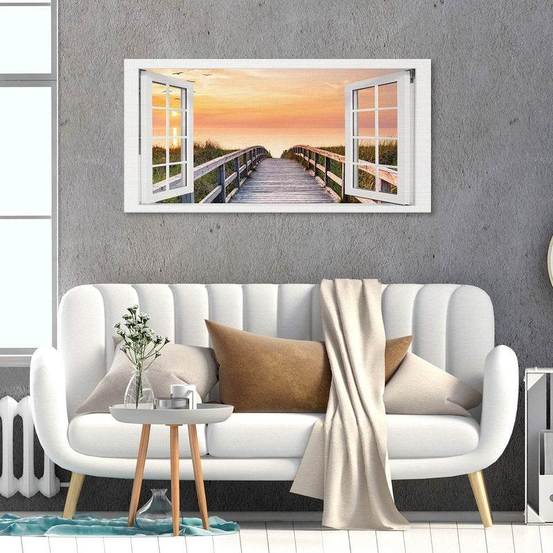 PICANOVA – Bild auf Leinwand Holzweg zum Meer Fenster 100x50cm – Leinwandbild – Premium Leinwanddruc