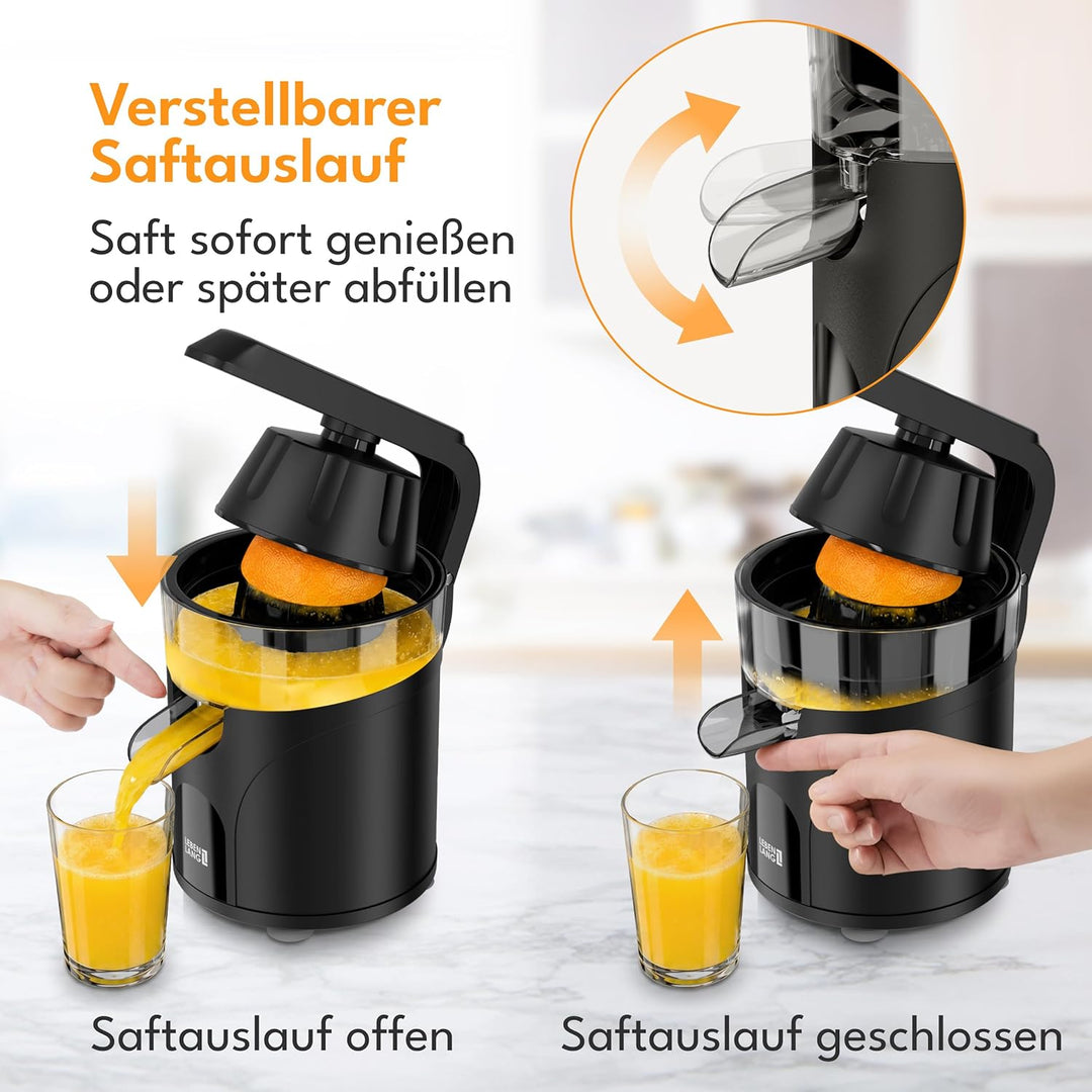 LEBENLANG Saftpresse Elektrisch 80W - Inkl. 2 Kegel &amp; BPA-Frei I Hohe Ergiebigkeit I Zitronenpresse