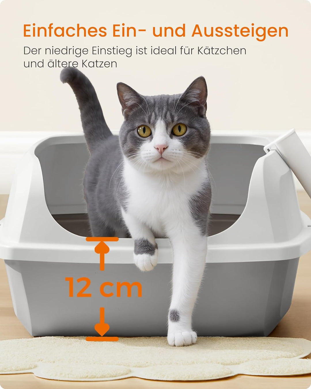 Feandrea Katzenklo mit hohen Seitenwänden, XL, offene Katzentoilette, mit Schaufel, für Kätzchen und