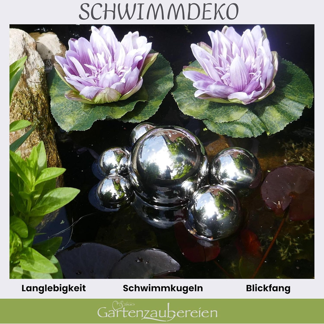 Miniteich Komplettset mit 2 künstlichen Seerosen lila Schwimmkugeln - Teichkugeln in Silber