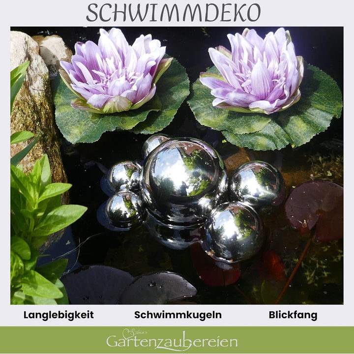 Miniteich Komplettset mit 2 künstlichen Seerosen lila Schwimmkugeln - Teichkugeln in Silber
