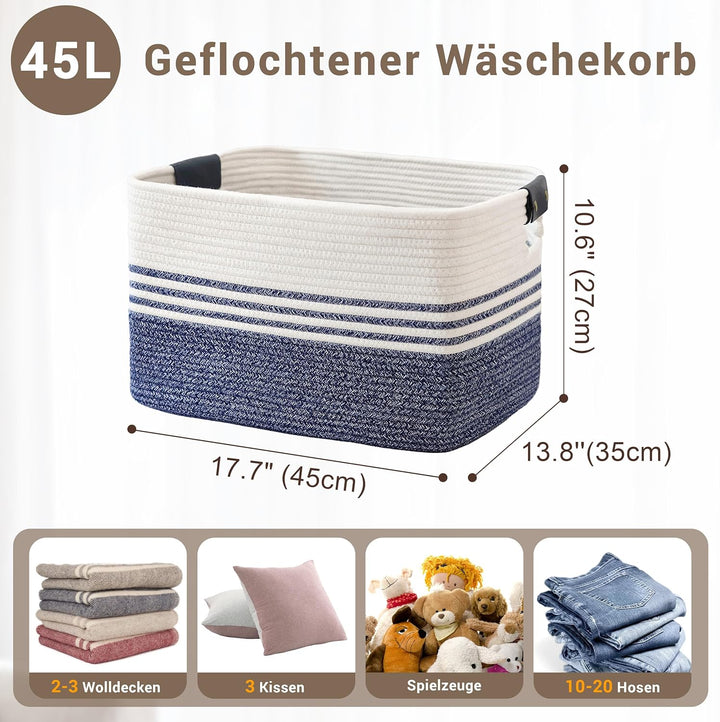 Wäschekorb Geflochten Klein aus Baumwollseil, 45L Aufbewahrungskorb mit Lederhenkeln, Korb für Decke