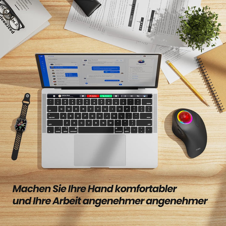 Nulea M505B Mouse Kabellose Trackball-Maus, wiederaufladbare ergonomische RGB-Rollerball-Maus, einfa