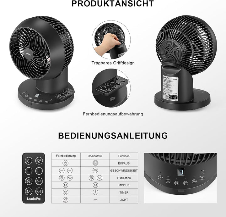LeaderPro Ventilator leise,360° Tischventilator mit Fernbedienung und Standventilator Leise Luftzirk