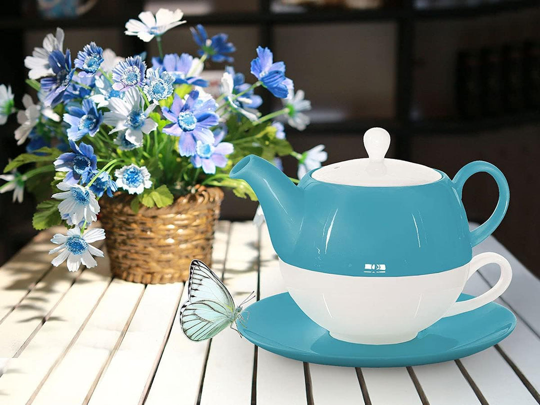 Tea for One mit Sieb Lena 500ml aus Crystal Bone China Porzellan in türkis. Teekanne + Teetasse + Un