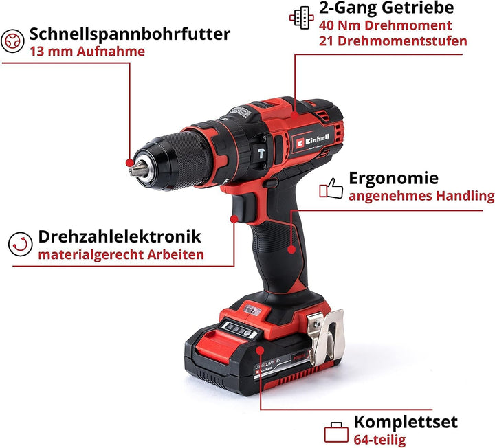 Einhell Akku-Schlagbohrschrauber-Set TE-CD 18/40 Li-i +64 (2x2,0 Ah) Power X-Change (Li-Ion, 18 V, 4