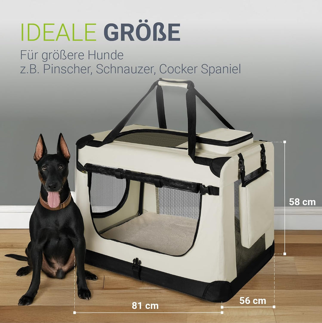 Juskys Hundetransportbox Lassie XL (beige) faltbar - 56 x 81 x 58 cm - Hundebox mit Decke, Tasche &