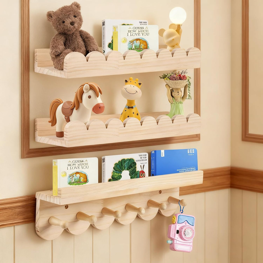 Wandregal Kinderzimmer 3er-Set aus Massivholz - Bücherregal mit 6 Haken für Bücher & Spielzeug - Mon