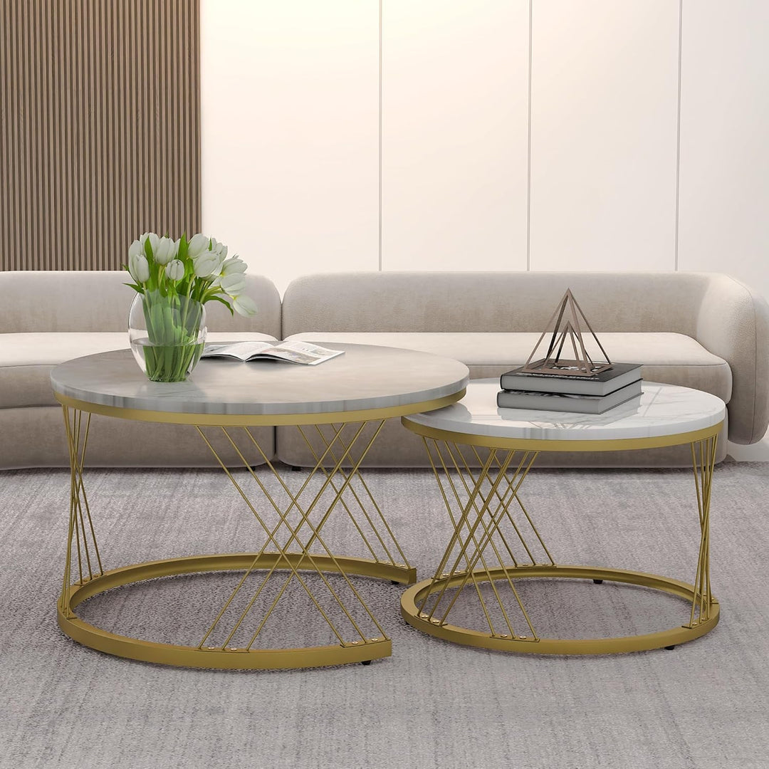 Merax Rund Couchtisch Set, 2-in-1 Nesting Couchtisch Satztisch Modern Wohnzimmertisch, Marmor Furnie