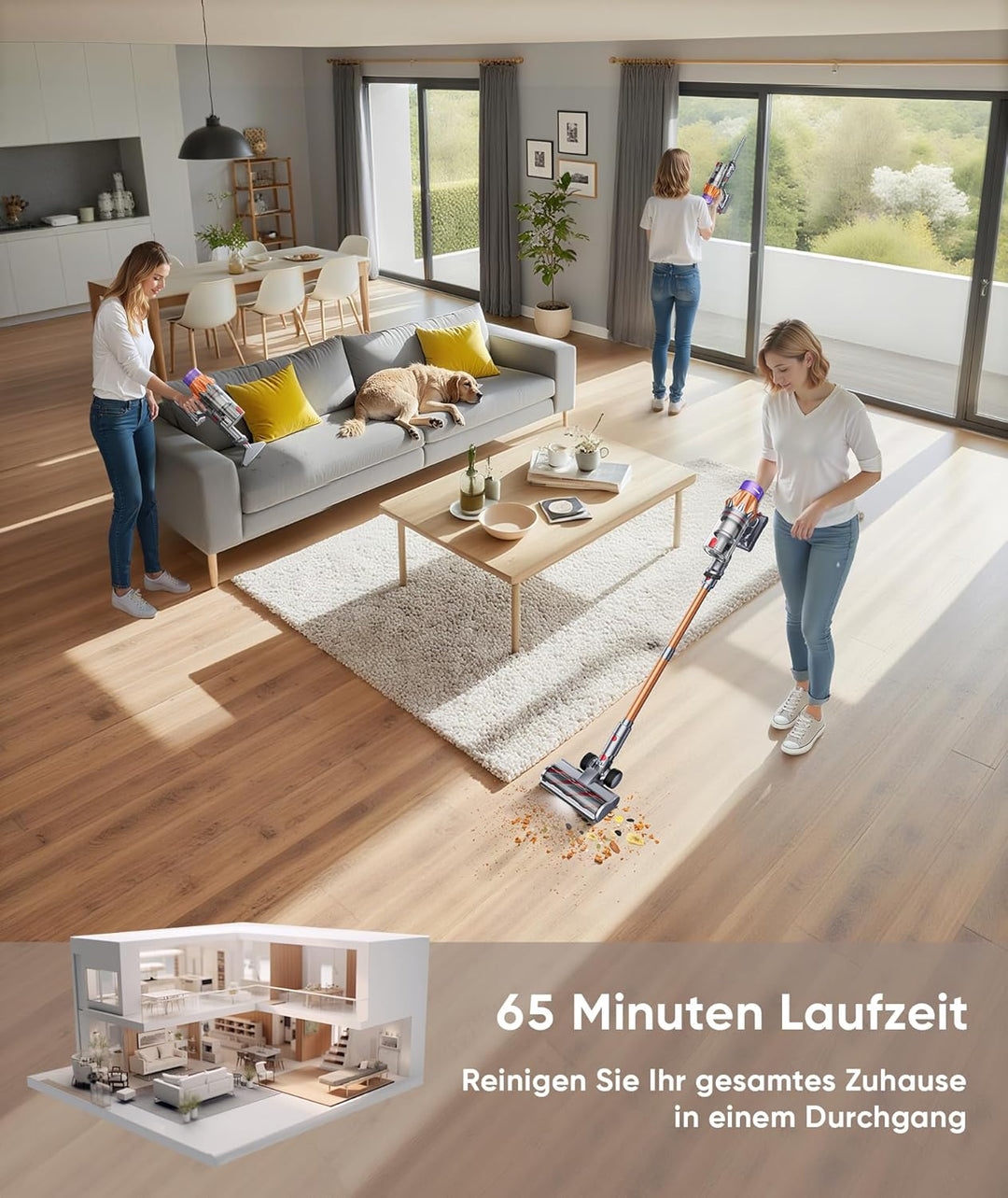 SunSare Akku Staubsauger 600W/50000Pa/65Min, Staubsauger Kabellos mit Smart Display und Ladestation,