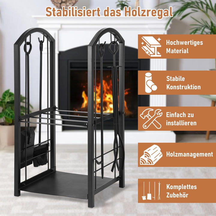 Randaco kaminholzregal Innen und Aussen, mit Kaminbesteck, Metall Brennholzregal aussen, Holzunterst