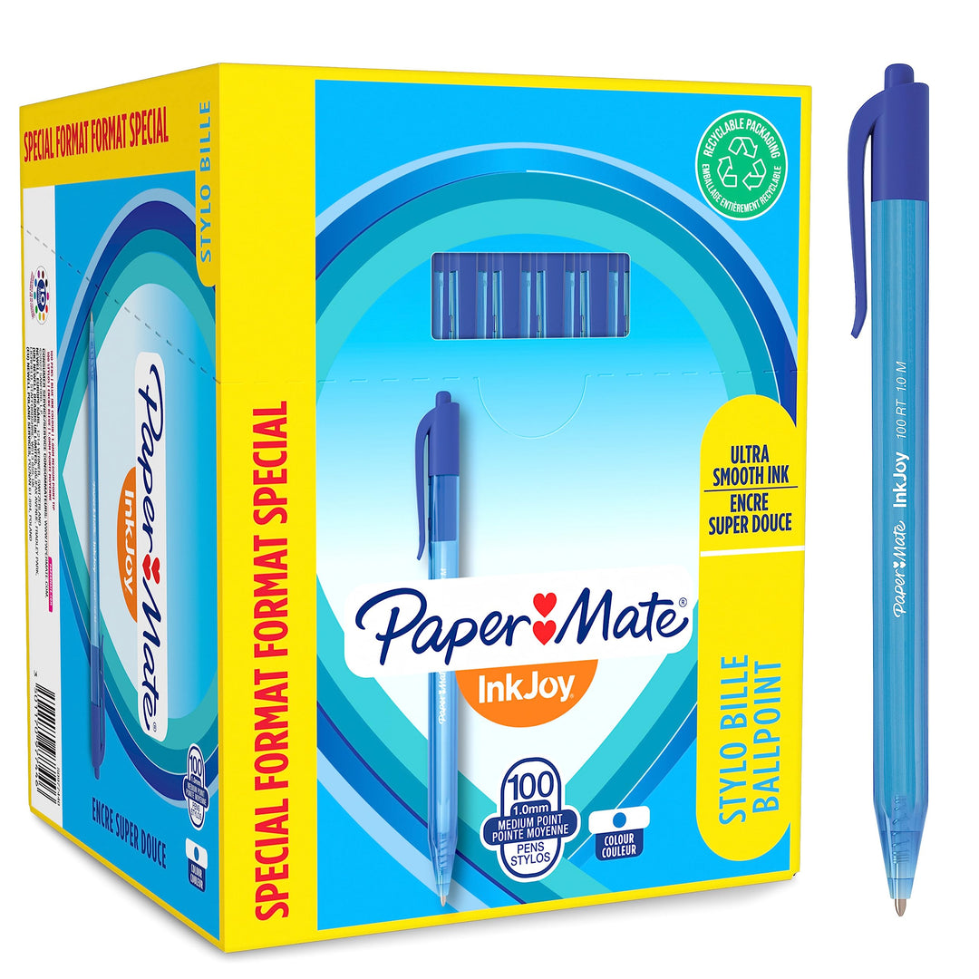 Paper Mate InkJoy 100RT Retractable Kugelschreiber | mittlere Spitze (1,0 mm) | Blau | 100 Stück Bla