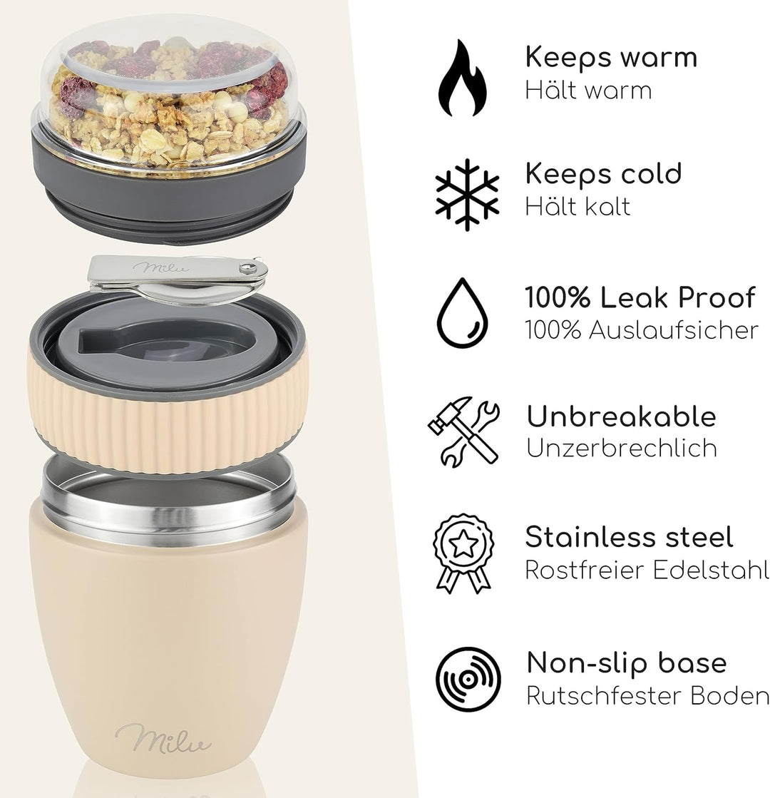 Milu Müslibecher to go 400ml I isolierter Edelstahl Joghurtbecher für Müsli I auslaufsicherer Becher
