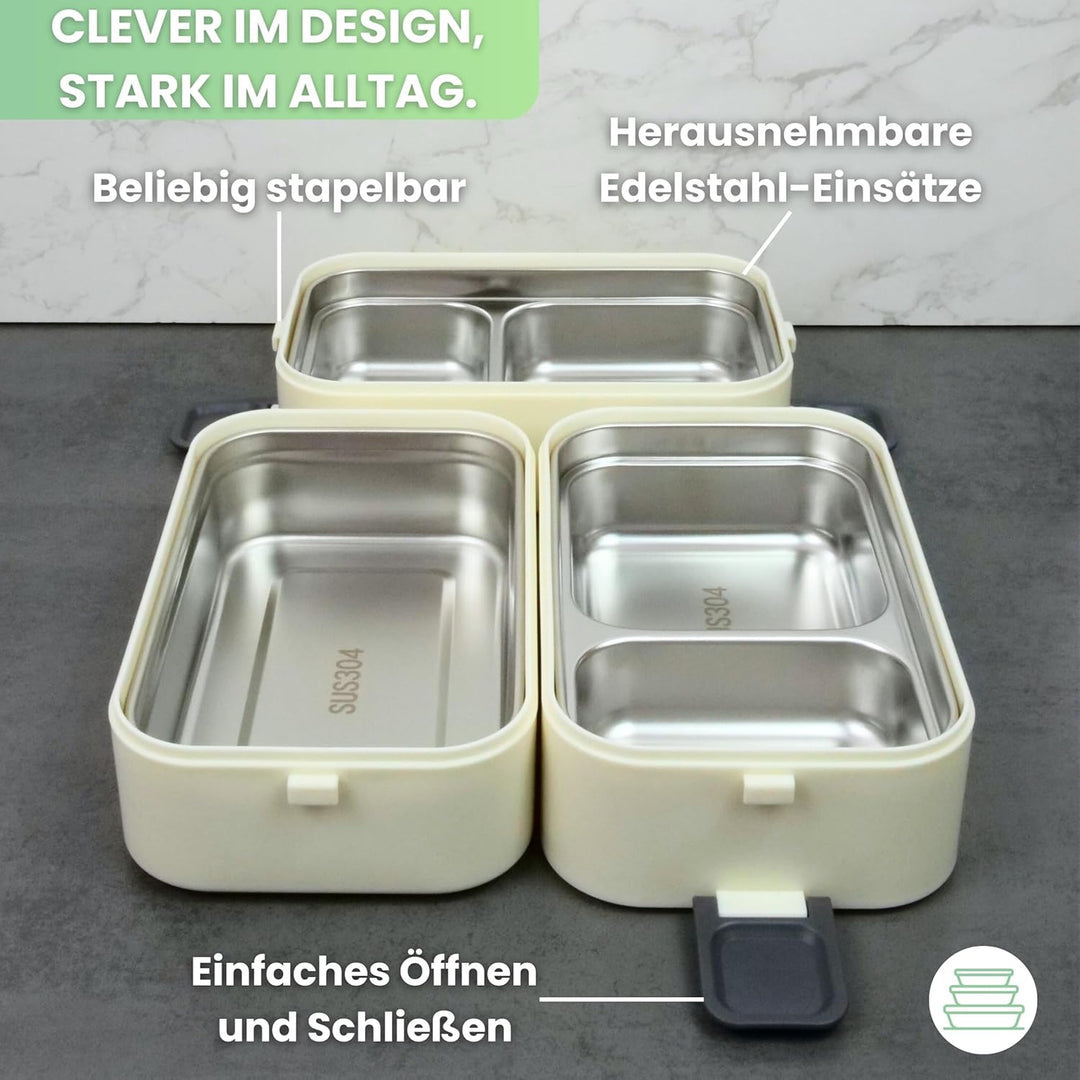 Bento Lunchbox „Jamie“ 2700ml, 3 Etagen mit Besteck und Fächern, Premium Edelstahl Dose, BPA-freie B
