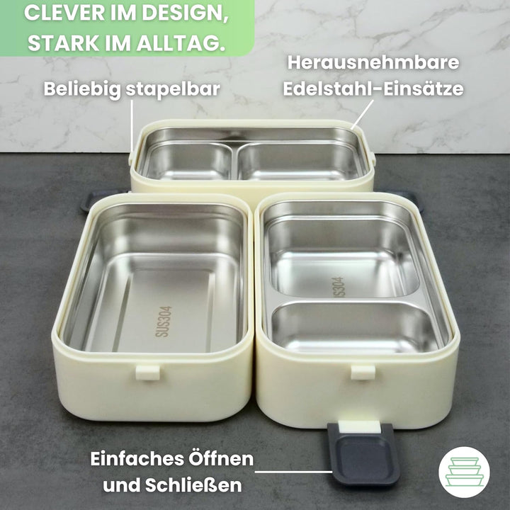 Bento Lunchbox „Jamie“ 2700ml, 3 Etagen mit Besteck und Fächern, Premium Edelstahl Dose, BPA-freie B