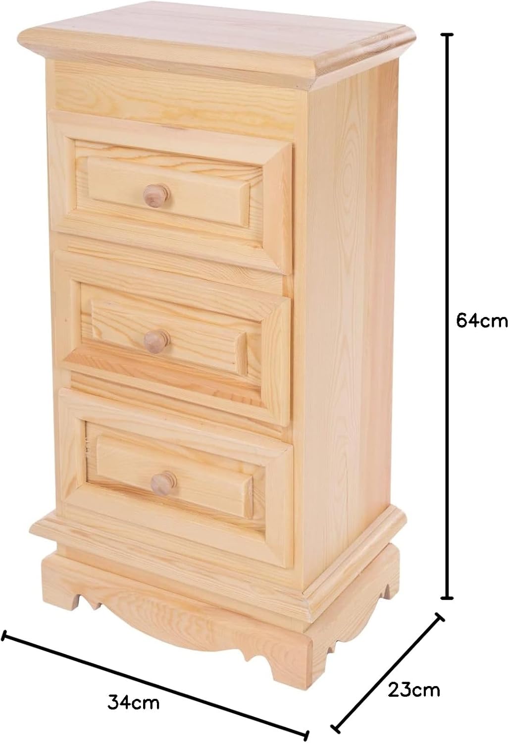 Kommode Klassik aus Kiefernholz | Nachttisch mit 3 Schubladen Organizer für Kleinteile | Kleiner Bei
