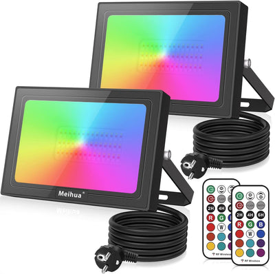 MEIHUA RGB Strahler 60W 2 Pack RGB LED Strahler mit Fernbedienung IP66 Wasserdicht Farbewechsel Dimm