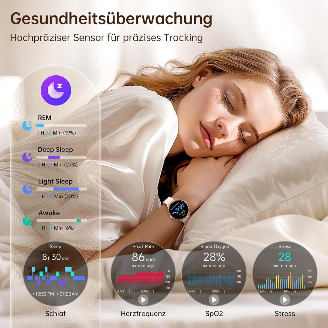Smartwatch Damen Rund, 1.27" AMOLED Smart Watch mit Telefonfunktion, Fitnessuhr mit Pulsuhr SpO2 Sch