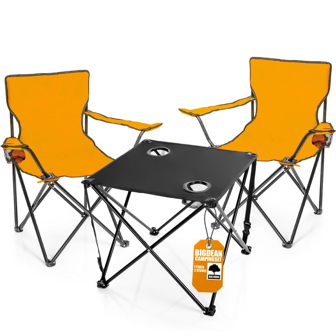 BigDean 2 Stück Campingstuhl mit Campingtisch faltbar – Faltstuhl in Neon Orange mit Getränkehalter