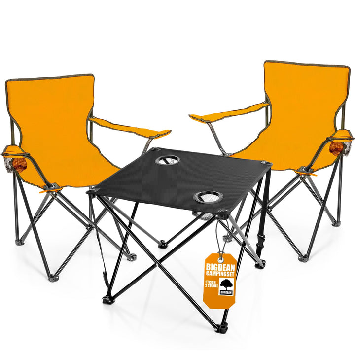 BigDean 2 Stück Campingstuhl mit Campingtisch faltbar – Faltstuhl in Neon Orange mit Getränkehalter