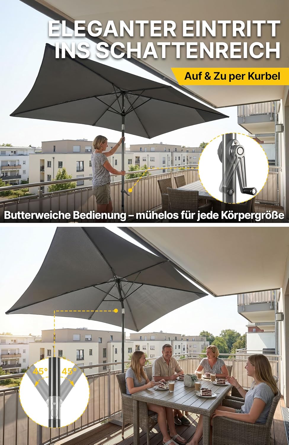 4smile Sonnenschirm Balkon mit Kurbel, Sonnenschirm rechteckig 300x200 cm | UV 50+ Sonnenschutz Balk